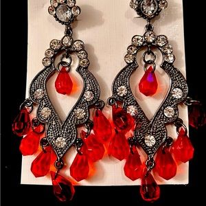 Tarnished black large teardrop with red dangle beads